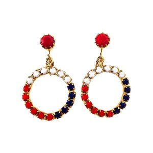 Vintage 1960s Patriotic Red, White, and Blue Milk Glass Circle Dangle Earrings